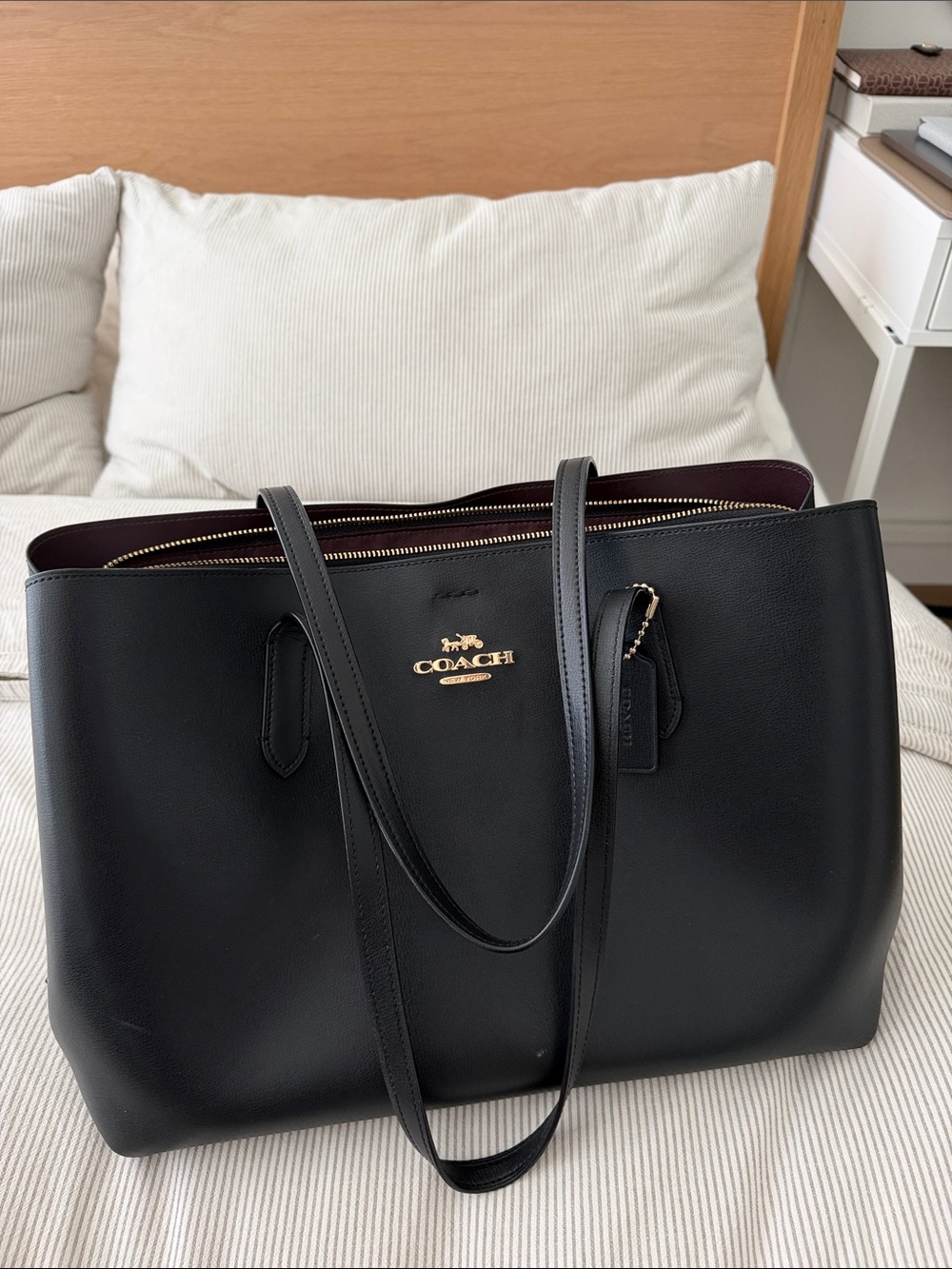 COACH Black Leather Zip-Top Tote with Gold Logo